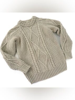 Womens Small 100% Wool Beige Crewneck Fisherman Cableknit Made Portugal